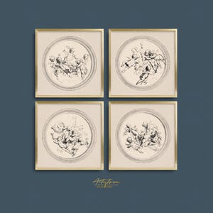 Baby ANGELS Watercolor Sketch Vintage Square Wall Art 4 Matching Print Set Cherub Cupid ANGELS Neutral Gallery Set Digital Art Download, 472