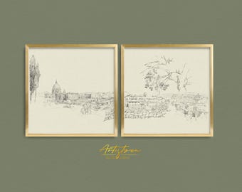 ROME Skyline Print, 2 Print Set, Vintage Sketch, Italian Wall Art, Rome Poster, Retro Apt Decor, Italian Architecture, Digital Download, 868
