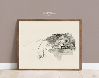 Sleeping LION Print, LION Vintage Sketch, LION Wall Art, Lion Drawing, Kids Bedroom Poster, Lion Wall Art, Lion Digital Print, Download, 832