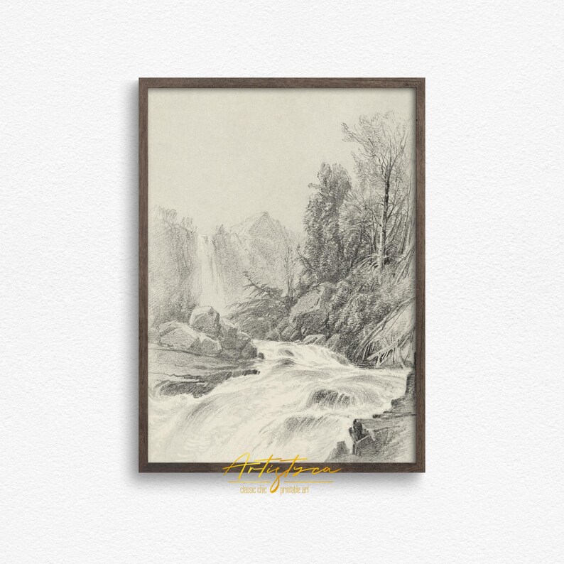 MOUNTAIN WATERFALL VINTAGE PENCIL DRAWING, MOUNTAIN WATERFALL SKETCH DIGITAL WALL ART PRINT, MOUNTAIN WATERFALL MUTE NEUTRAL POSTER, MOUNTAIN WATERFALL COTTAGE HOME DECOR, MOUNTAIN SKETCH PRINTABLE WALL ART, GIFT FOR HER, WOMAN BEDROOM PRINT, FARMHOUSE RUSTIC DRAWING POSTER, MOUNTAIN WATERFALL RETRO AESTHETIC APARTMENT DECOR, NATURE LOVER WALL ART GIFT, GIFT FOR HIM, MOUNTAIN LANDSCAPE INSTANT DOWNLOAD PRINT, MUTED MOUNTAIN DRAWING FARMHOUSE HOME DECOR, MOUNTAIN VINTAGE SKETCH HOUSEWARMING PRINT