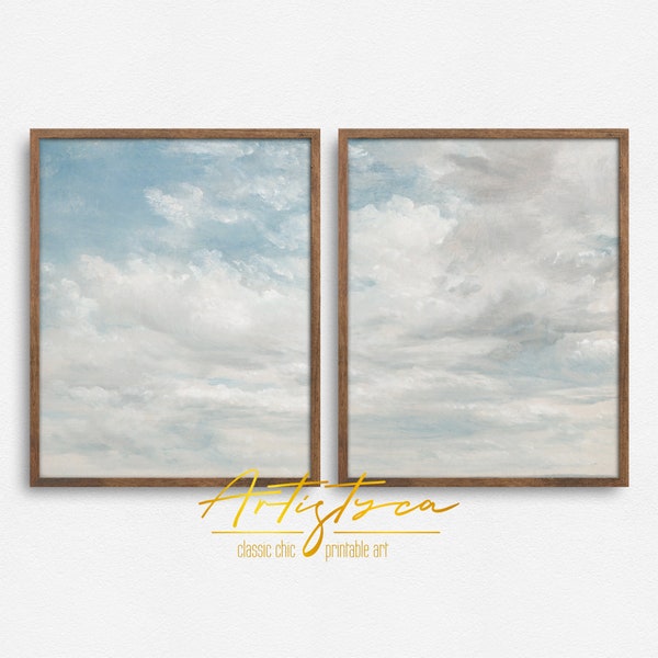 SKYSCAPE Vintage Oil PAINTINGS Set of 2 | Blue White CLOUDY Sky Old Art Prints Set | Instant Digital Download | Printable Wall Art | 245