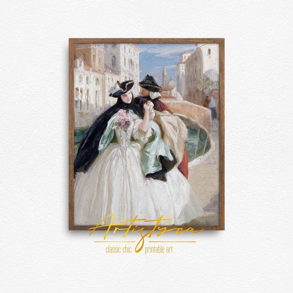 VENICE Carnival Vintage Painting | Italian Venetian BAUTAS Masks LOVERS Couple Print | Instant Digital Download | Printable Wall Art | 363