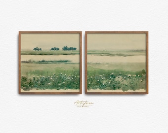 SQUARE LANDSCAPE Watercolor, Two Print Set, Green Beige GALLERY Wall Art, Country Home Room Decor, 2 Digital Vintage Sketch Set Download 446