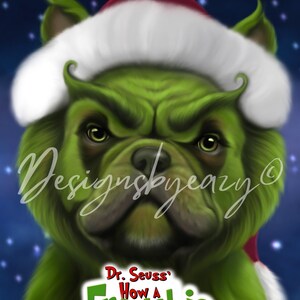 Bulldog francés como el Grinch, diseño de tarjeta navideña, imprimible navideño, único, bricolaje, arte digital, hecho a mano, sin texto, impresión, hecho a medida