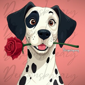 Dalmatiner Hund schenkt eine Rose zum Valentinstag, Kartendesign zum Valentinstag, Unikat, DYI, Digital Art, Handgemacht, limitiert