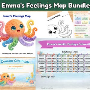 May include: Emma's Feelings Map Bundle includes a feelings map with an octopus, a weekly feelings follow-up chart, a courage certificate, and a calm-down strategies guide. The bundle is designed to help children identify and manage their emotions.