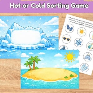 May include: A colorful educational game with illustrations of an iceberg, an island, and various weather-related items. The text "Hot or Cold Sorting Game" is at the top. Includes tokens for sorting into cold or warm categories.