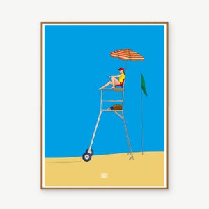 Peut inclure: Une illustration de dessin animé d'un sauveteur assis sur une chaise de sauveteur avec un parasol rayé au-dessus. La chaise de sauveteur a des roues et se trouve sur une plage de sable. Le fond est un ciel bleu vif.