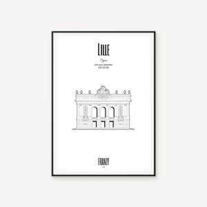 Peut inclure: Illustration en noir et blanc de l'Opéra de Lille, en France. Le texte "Lille" est en haut de l'image, avec le texte "Opéra" et "Collection de monuments non réels" en dessous. Le texte "Franzy" est en bas de l'image.