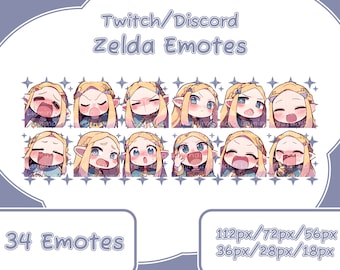 34 Zelda from The Legend of Zelda Emotes for Twitch Streamers, Discord, YouTube - Cute - Kawaii - Anime - Chibi - Emote Bundle - Emote Pack