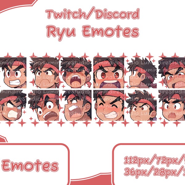 12 Ryu from Street Fighter Emotes for Twitch Streamers, Discord, YouTube - Cute - Anime - Chibi - Emote Bundle - Emote Pack