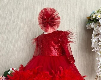 Vestido de plumas rojas para niña, vestido de fiesta para niña pequeña, vestido para sesión de fotos de niña, vestido para el primer cumpleaños, vestido para el primer cumpleaños de bebé
