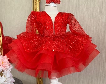 Rot Pailletten Baby Mädchen Kleid, lange Ärmel Puffy Kleinkind Kleid, Baby Tüll Geburtstag Kleid, Mädchen Urlaub Tutu Kleid, Mädchen Prinzessin Kleid