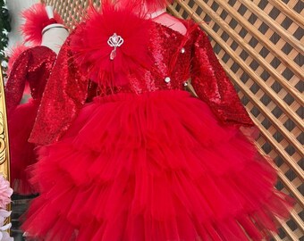 Vestido de tul rojo para niña, vestido de fiesta para niña pequeña, vestido de primer cumpleaños para niña, vestido de bebé abullonado, vestido de princesa para niña, vestido de manga larga