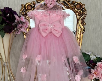 Pink Baby Girl Long Tulle Dress, Baby Flower Girl Dress, Pink Wedding Dress, Baby Tutu Dress, Girl Puffy Dress, Princess Pink Dress