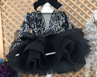 Black Sequined Puffy Baby Dress, Girl Puffy Party Dress, Toddler 1st Birthday Dress, Black Princess Dress, Baby Black Wedding Dress