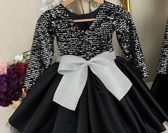 Black Sequined Baby Puffy Dress, Toddler Party Dress, Baby Girl Dress, Princess Dress, 1st Birthday Dress, Tutu Dress