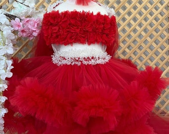 Vestido rojo de tul para niña, vestido abullonado para niña, vestido rojo para sesión de fotos, vestido de fiesta de tul para niña pequeña, vestido de fiesta de cumpleaños para niña