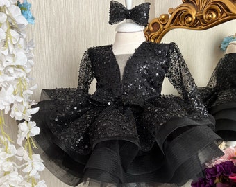 Black Tutu Girl Dress, Sequined Baby Girl Dress, 1st Birthday Dress, Baby Wedding Dress, Princess Dress, Toddler Party Dress, Birthday Dress