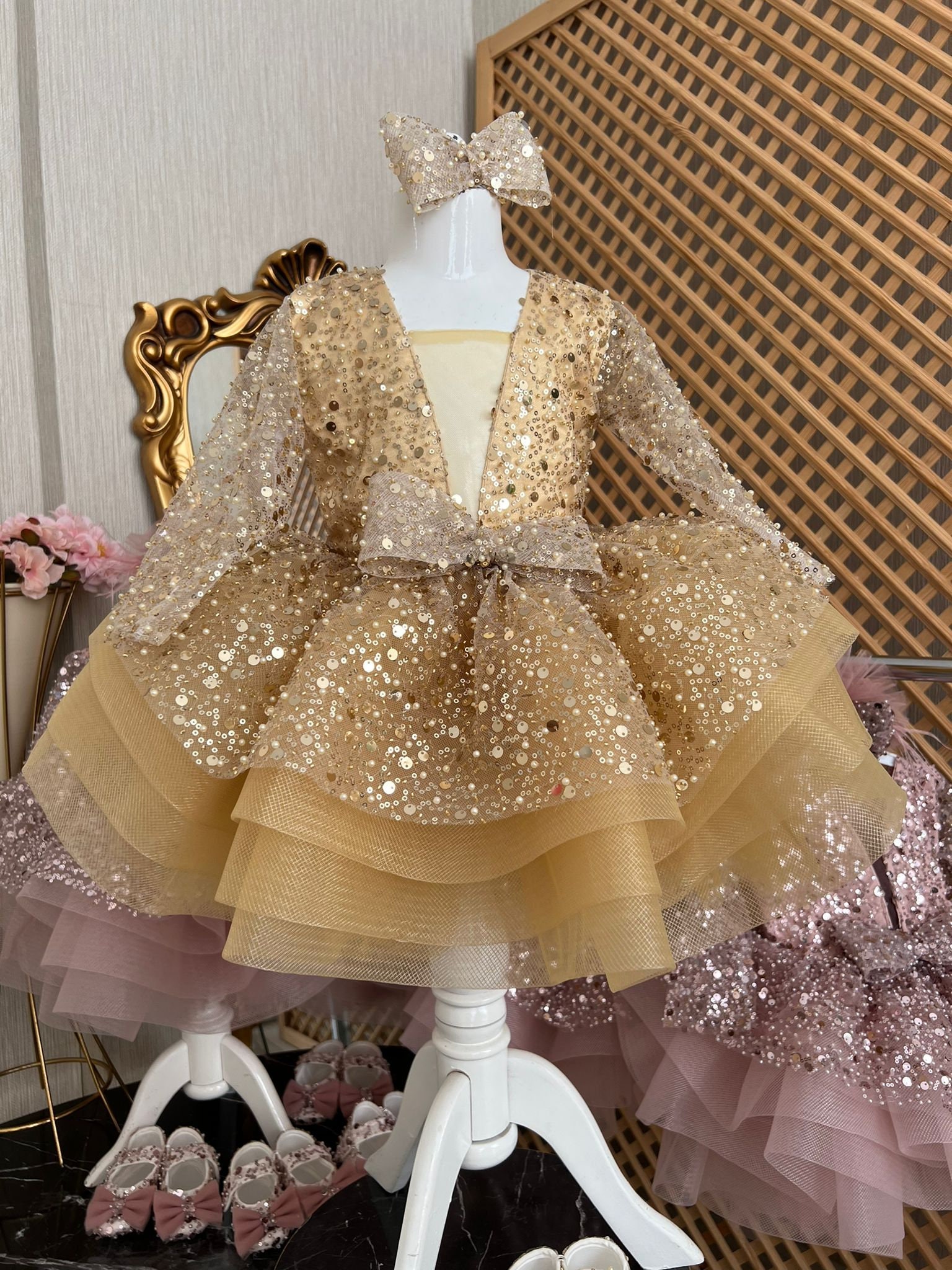 Gold Sequined Baby Girl Dress, Princess Girl Dress, Puffy Tulle Dress, Toddler Party Dress, Photoshoot Baby Dress, Baby Girl Tutu Dress