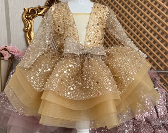 Gold Sequined Baby Girl Dress, Princess Girl Dress, Puffy Tulle Dress, Toddler Party Dress, Photoshoot Baby Dress, Baby Girl Tutu Dress