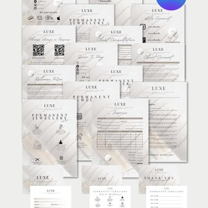 May include: A collection of Luxe Permanent Jewellery templates, including forms, invoices, and promotional materials. The designs feature a marble-like background with elegant typography. The Canva logo is visible in the upper right corner.