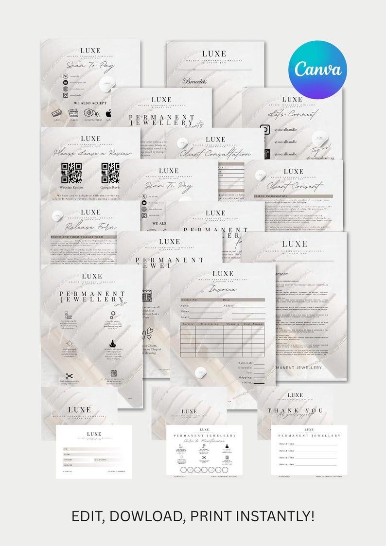 May include: A collection of Luxe Permanent Jewellery templates, including forms, invoices, and promotional materials. The designs feature a marble-like background with elegant typography. The Canva logo is visible in the upper right corner.