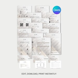 May include: A collection of white and gray stationery with the word "LUXE" printed on each piece. The stationery includes forms, cards, and invoices. The Canva logo is visible in the upper right corner. The text "EDIT, DOWNLOAD, PRINT INSTANTLY!" is at the bottom.