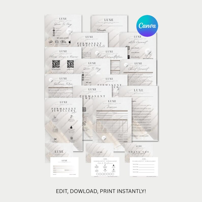May include: A collection of white and gray stationery with the word "LUXE" printed on each piece. The stationery includes forms, cards, and invoices. The Canva logo is visible in the upper right corner. The text "EDIT, DOWNLOAD, PRINT INSTANTLY!" is at the bottom.