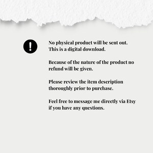 May include: A digital download notice on a white background with a torn paper effect at the top. The text includes a warning symbol, and statements about the product being digital, no refunds, and to review the item description.