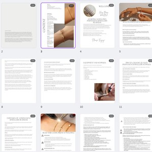 May include: A multi-page document with text and images. The cover page has the word "Beginners" and "Permanent Jewelry" in a modern font. Other pages show jewelry, text, and a person working on jewelry.