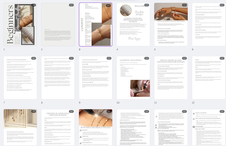 May include: A multi-page document with text and images. The cover page has the word "Beginners" and "Permanent Jewelry" in a modern font. Other pages show jewelry, text, and a person working on jewelry.