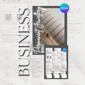 May include: A business bundle for permanent jewelry, featuring a display of delicate bracelets and various printed documents. The documents include a price list, terms and conditions, and aftercare instructions. The image has a soft, neutral color palette.