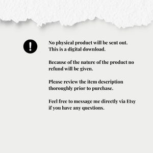May include: A digital download notice on a white background with a torn paper effect at the top. The text includes a warning symbol, and statements about the product being digital, no refunds, and to review the item description.