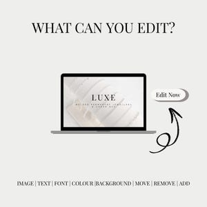 May include: A laptop screen displays the word "LUXE" with the text "WELDED PERMANENT JEWELLERY & CHARM BAR" below it. The image also includes the text "WHAT CAN YOU EDIT?" and options to edit the image, text, font, color, background, move, remove, and add.