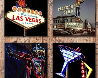 Vintage Las Vegas Neon Sign Coasters  - Game Room - Wooden Drink Coasters - 4 x 4 - Lightweight and UNBREAKABLE