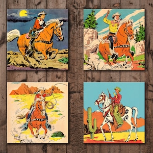 Vintage Western Cowboy Coasters - Wooden Drink Coasters - 4 x 4 - High gloss or matte finish - Lightweight and Unbreakable!