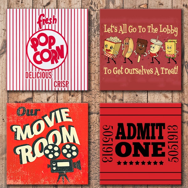 Vintage Movie Theater Wooden Drink Coasters - For Movie Room - 4 x 4 - High gloss or Matte finish. Lightweight and Unbreakable!