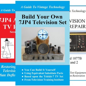 May include: Three vintage book covers with a blue, red, and yellow color scheme. The covers feature the text "A Guide To Vintage Technology", "Build Your Own 7JP4 Television Set", and "Vision Repair".
