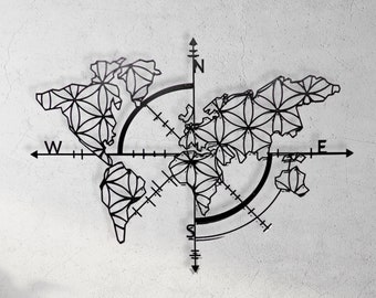 Carte du monde Boussole Décor continental, Décoration murale de carte du monde en métal, Grandes tentures murales, Art mural au-dessus du lit, Carte du monde sans frontières