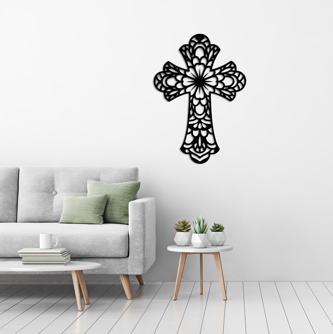 Floral Cross Metal Wall Art, Religious Home Decoration, Cross With