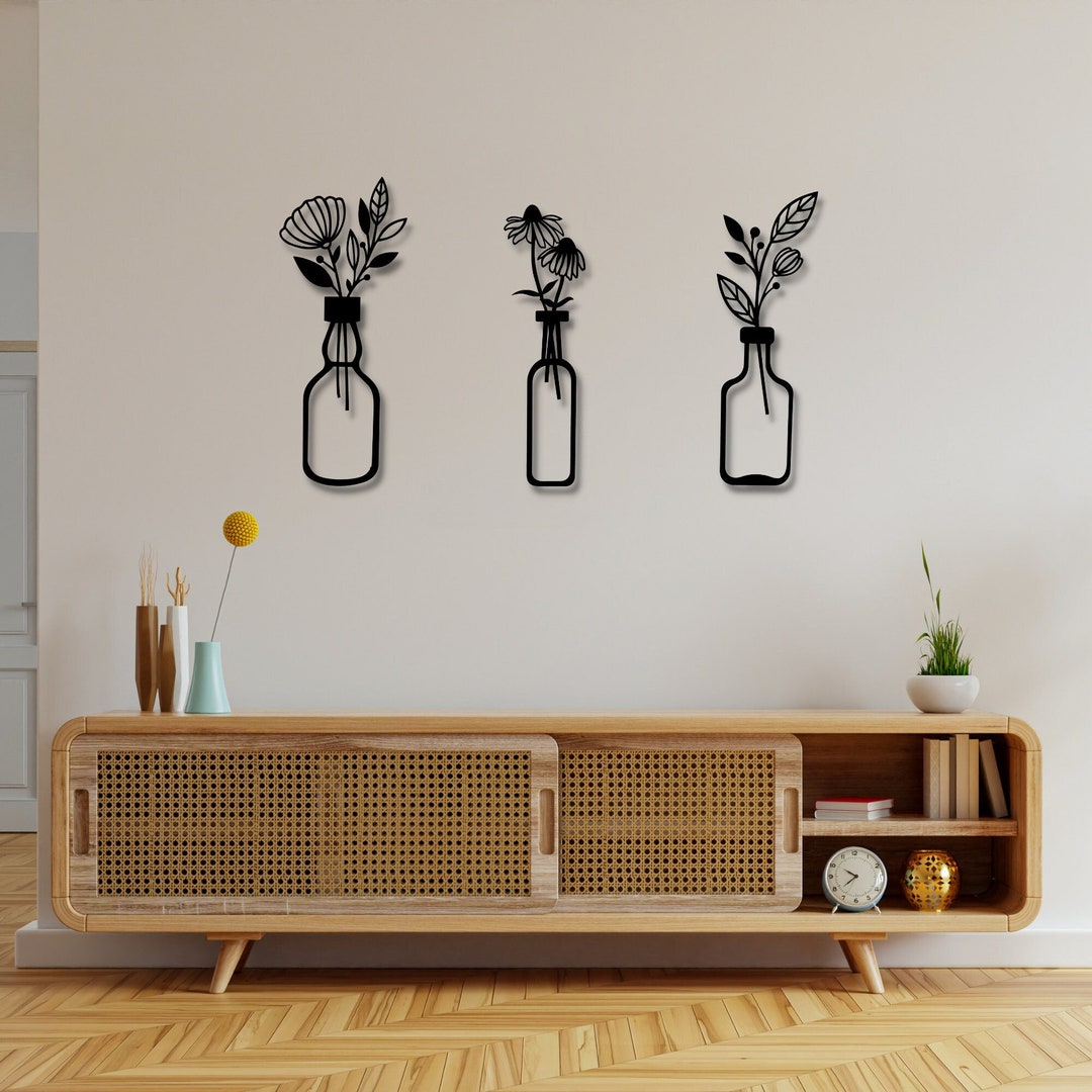 Flower in Vase Metal Wall Art, Modern Flower Wall Art, 3 Pieces Metal