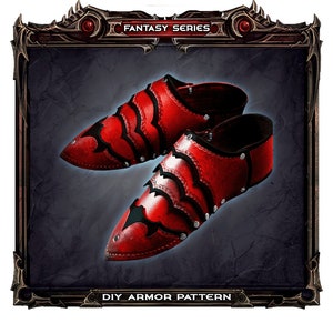 May include: A pair of red fantasy-style shoes with black accents and silver rivets. The shoes are displayed on a dark background within a decorative frame. Text at the top reads "FANTASY SERIES" and at the bottom "DIY ARMOR PATTERN".