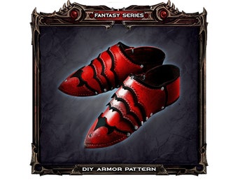 Puede incluir: Un par de zapatos rojos de fantasía con detalles negros y remaches plateados. Se muestran sobre un fondo oscuro dentro de un marco decorativo. El texto dice "FANTASY SERIES" y "DIY ARMOR PATTERN".