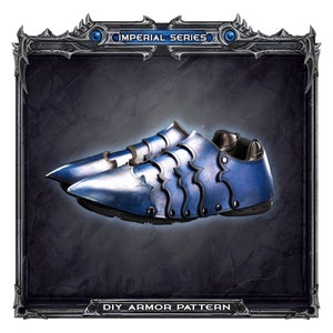 May include: A pair of blue metal shoes with a pointed toe and a decorative design. The shoes are part of an Imperial Series DIY Armor Pattern.