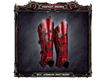 Könnte beinhalten: Ein Paar rote Leder-Fantasy-Beinrüstungs-Muster. Die Rüstung ist mit Schnallen und Riemen verziert. Das Bild ist mit einem schwarzen und goldenen Rahmen und dem Text "Fantasy Series" und "DIY Armor Pattern" gerahmt.