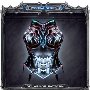 Puede incluir: Un patrón de armadura de bricolaje para un corsé negro, plateado y rojo con un efecto de luz azul y rosa brillante. El patrón es parte de la "Serie Imperial".