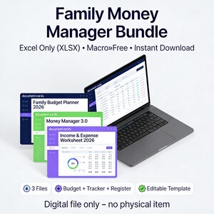 Può includere: Un pacchetto digitale Family Money Manager, con un laptop che mostra fogli di calcolo finanziari e tre schede di documenti. Le schede sono etichettate come "Family Budget Planner 2026", "Money Manager 3.0" e "Income & Expense Worksheet 2026". Il testo "Excel Only (XLSX)" è incluso.