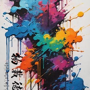 May include: Abstract art print featuring vibrant splashes of color, including blue, pink, orange, and yellow, against a white background. The artwork includes black Chinese characters and drips of paint, creating a dynamic and expressive composition.