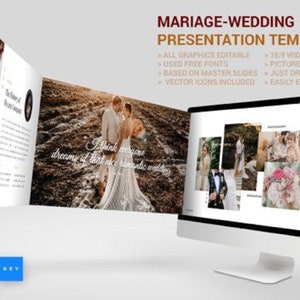 Może przedstawiać: Ekran komputera wyświetlający szablon prezentacji ślubnej z obrazami pary, kwiatów i tekstem, który brzmi "MARIAGE-WEDDING PRESENTATION TEMPLATE". Szablon jest łatwy w edycji i zawiera bezpłatne czcionki, ikony wektorowe oraz proporcje ekranu 16:9.